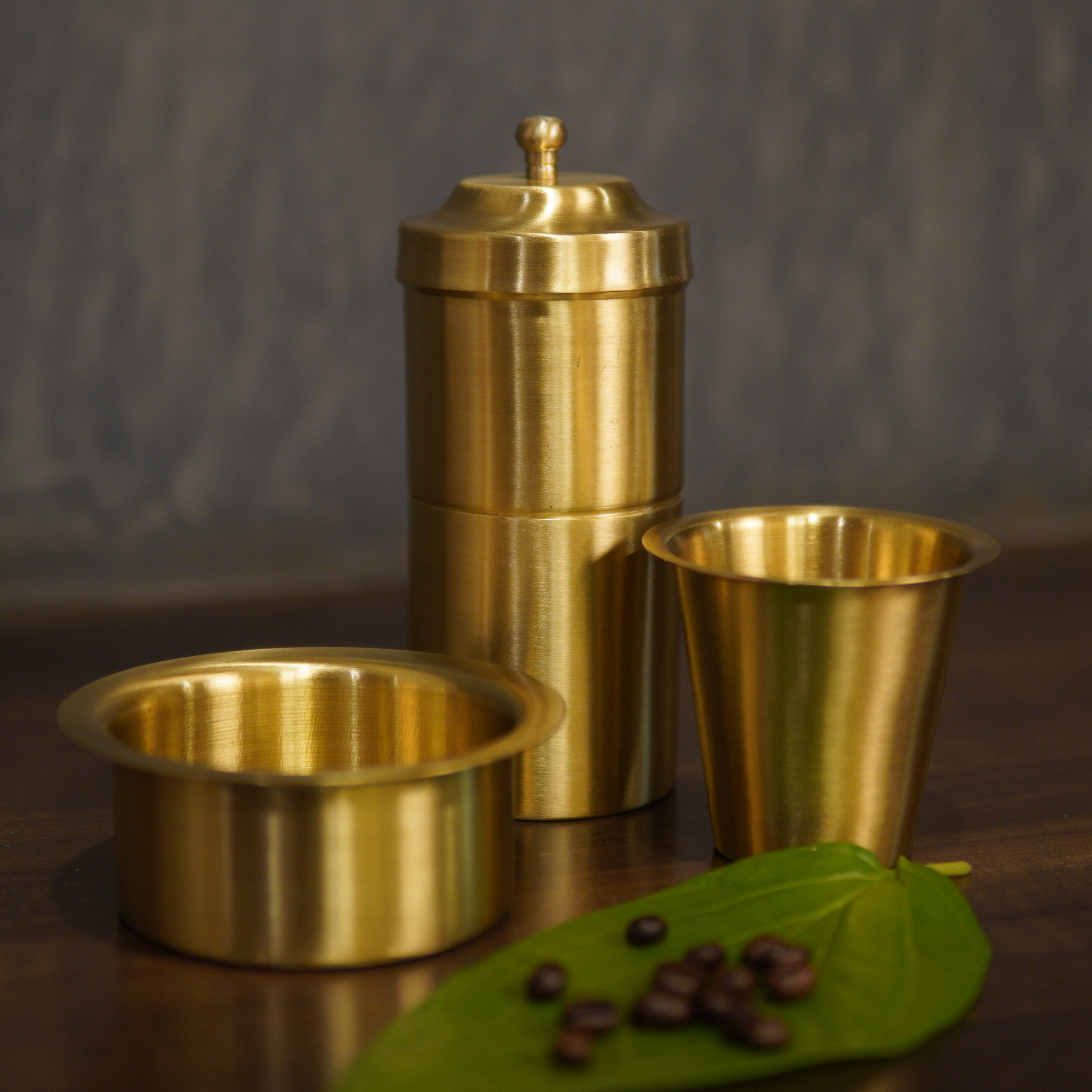 Ambi Gift of Aroma : Pure Brass Coffee Filter and 2 Dabara Cup Set in a Gift Box