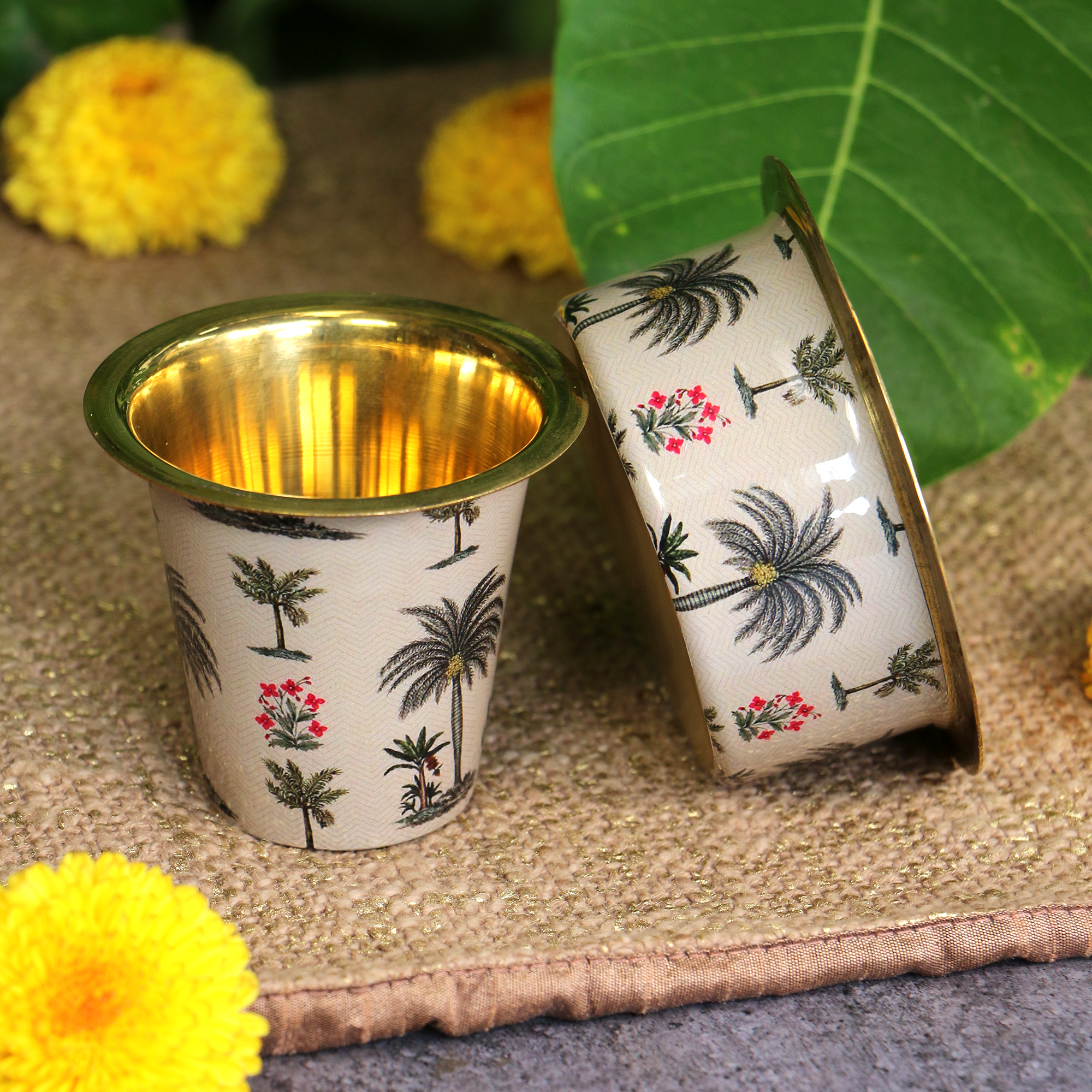 Traditional Brass Filter Coffee Dabara Cup Set - Palm Design