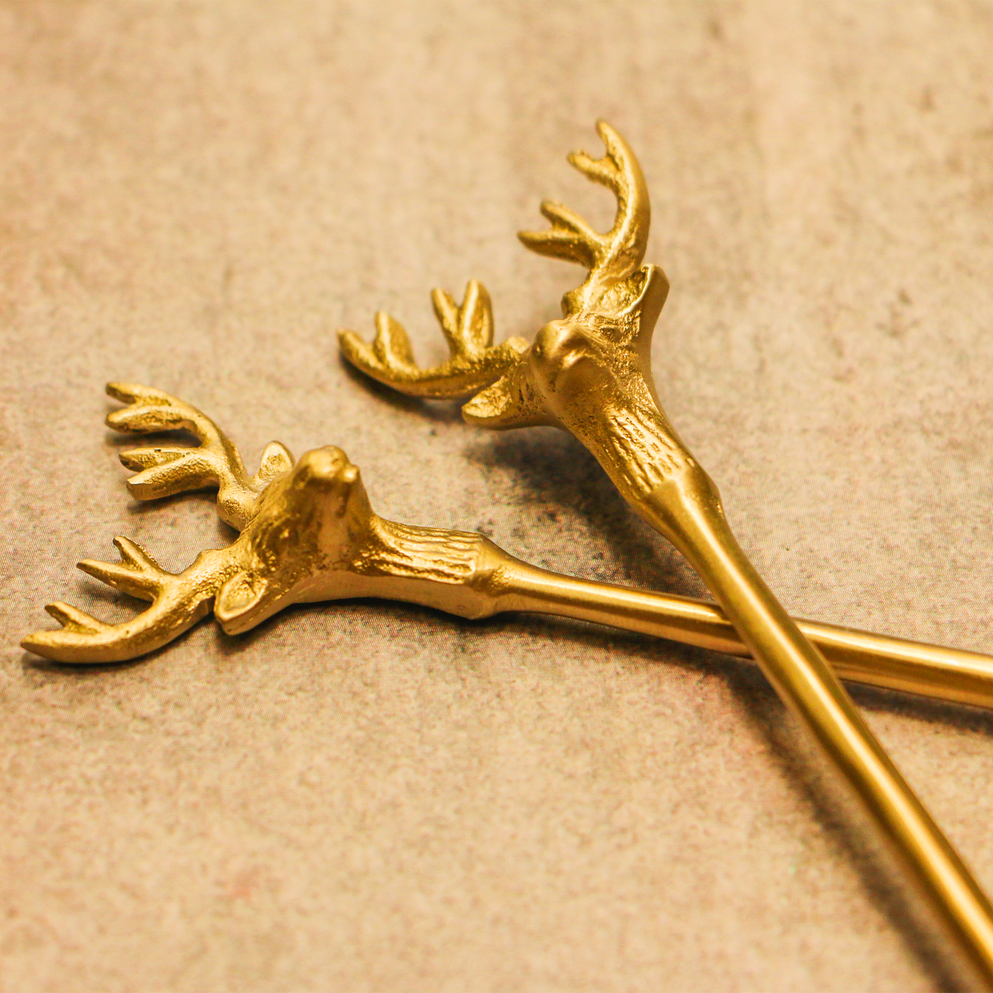 Brass Reindeer Head Cocktail Stirrers - Set of 2