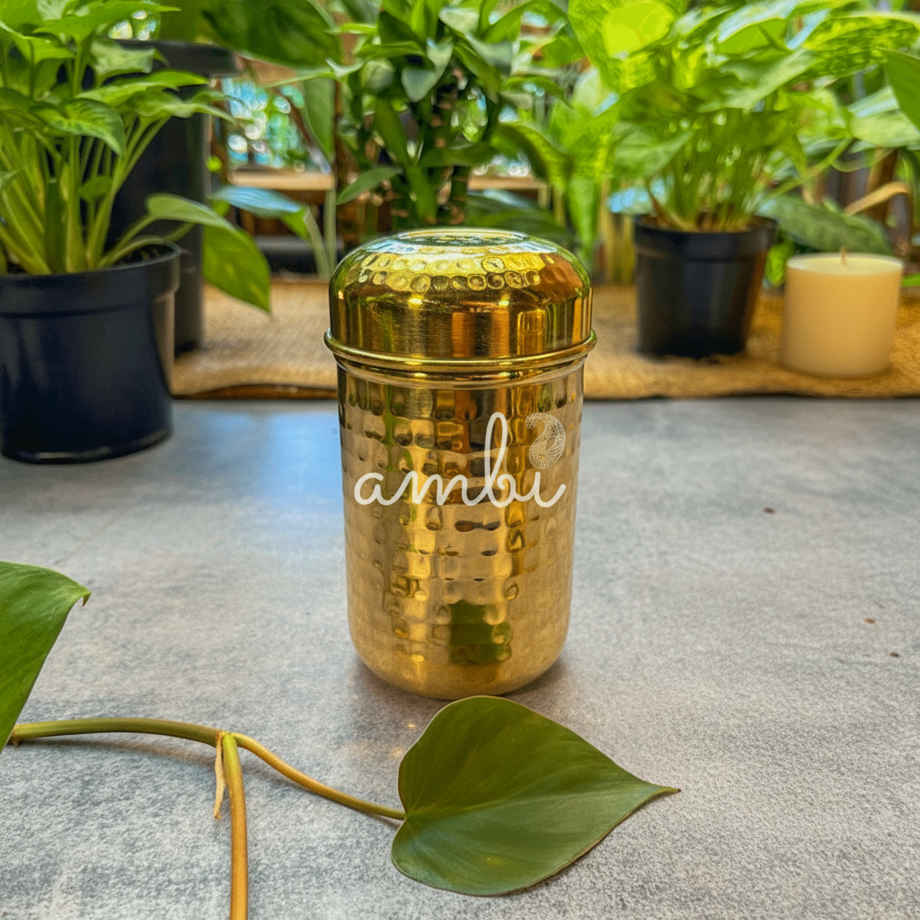 Ambi Home Pure Brass Hammered Dabba | Kitchen Storage Box for Atta, Dal, Spices – Capacity 500 ML