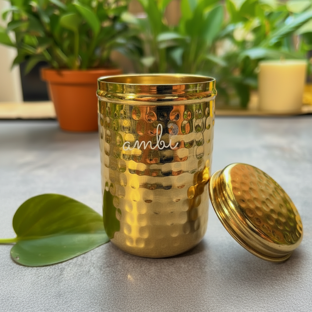 Ambi Home Pure Brass Hammered Dabba | Kitchen Storage Box for Atta, Dal, Spices – Capacity 500 ML