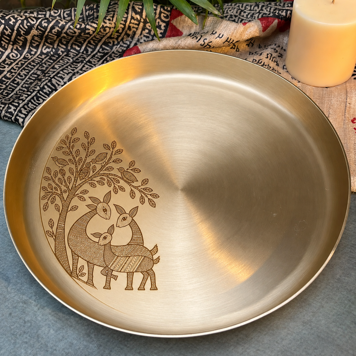 Ambi Mriga Vana (Deer of the Forest) Etched Pure Kansa Thali | Gond-Inspired Collection-12 inch