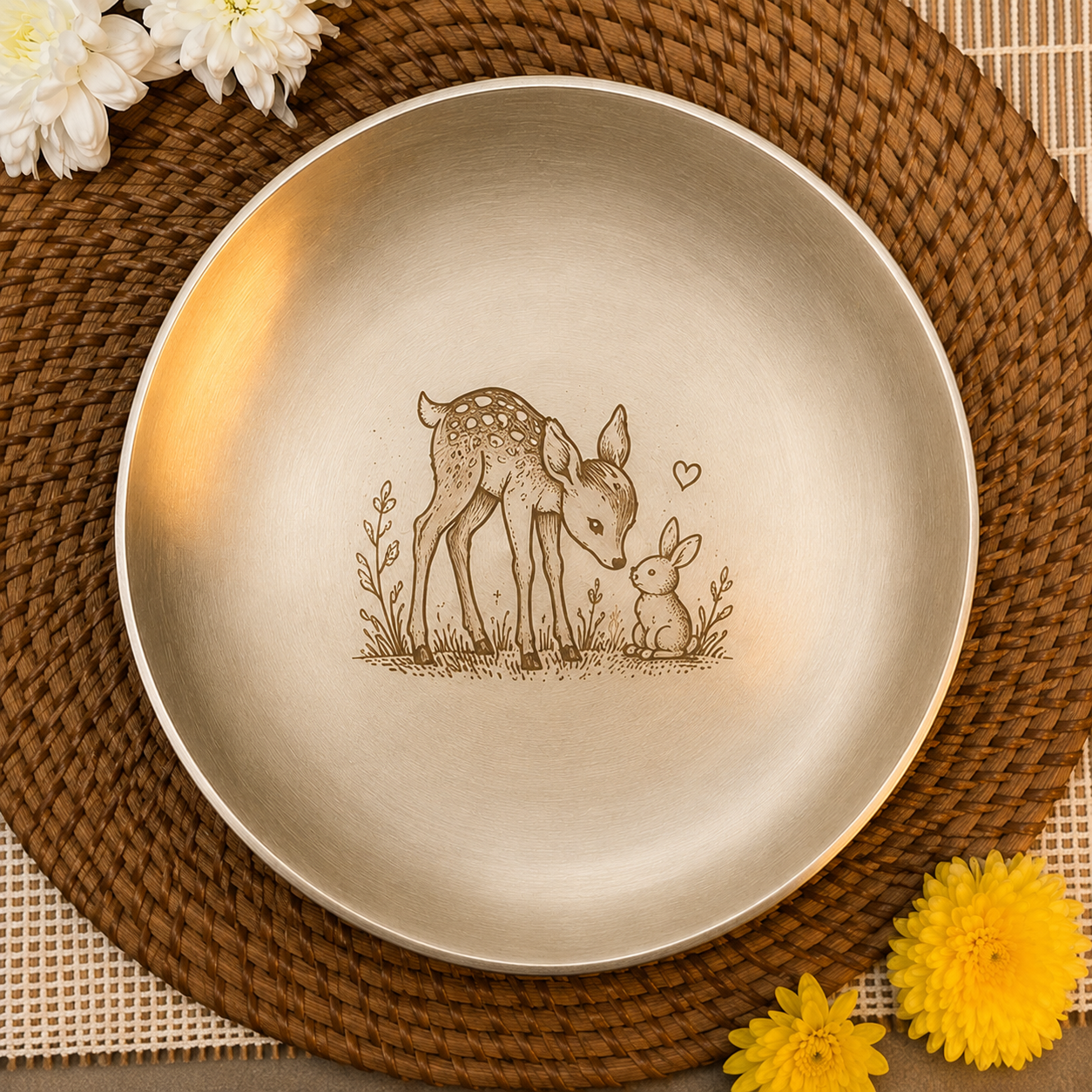 Ambi Pure Kansa Deer & Fawn Etched Plate - 8 inch with Spoon