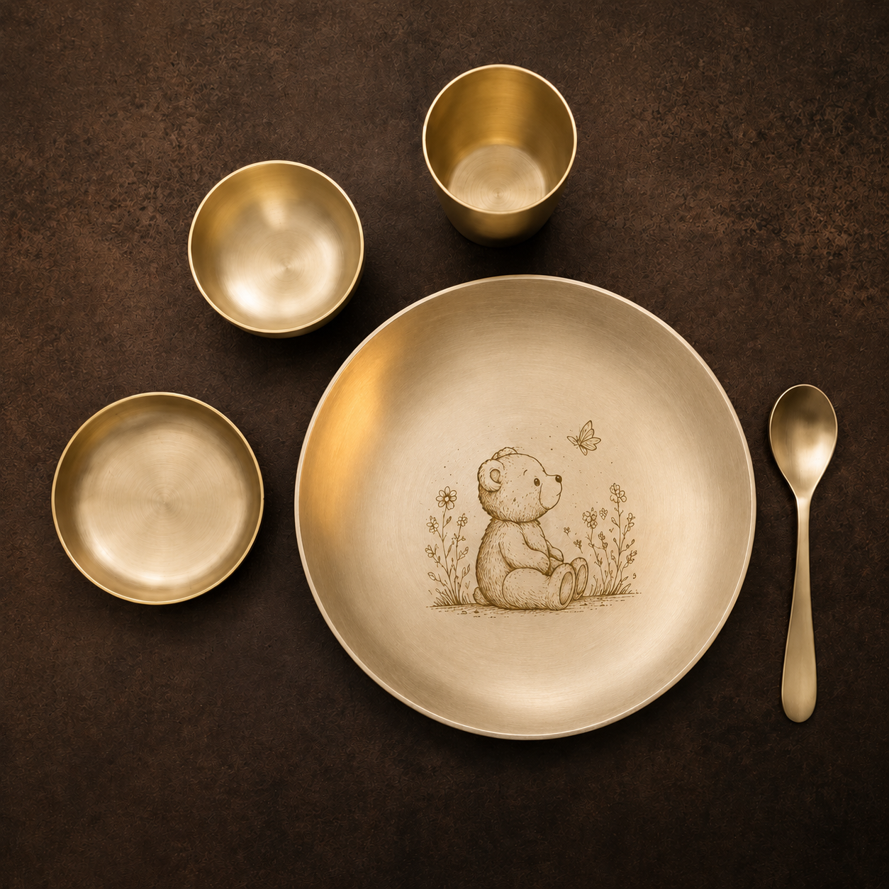 Ambi Pure Kansa Teddy Bear Etched Dining Set with Bowls & Spoon