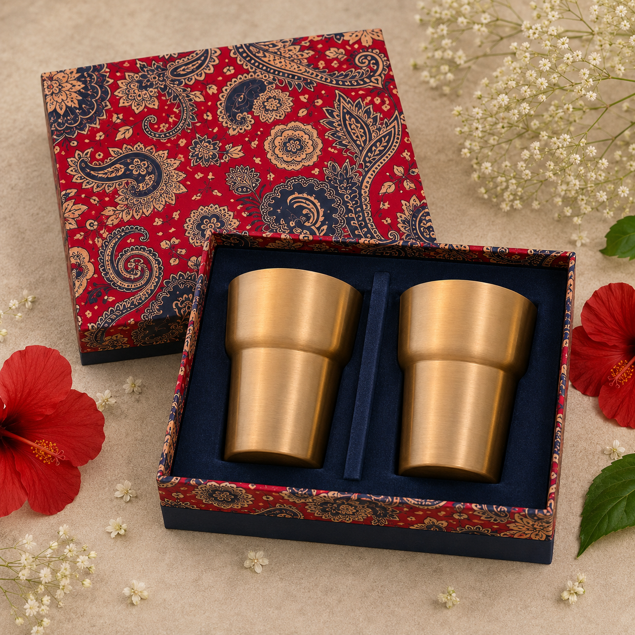 Two gold-toned tapered tumblers presented in an open decorative gift box with a matching patterned lid, styled with red flowers and white blossoms on a neutral surface.