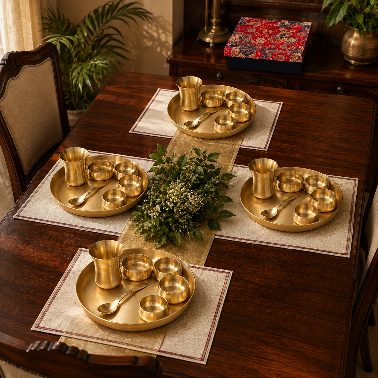 Ambi Heirloom Brass Thali Set of 4 Gift Box — A Heritage Dining Experience (7 pieces in each set))