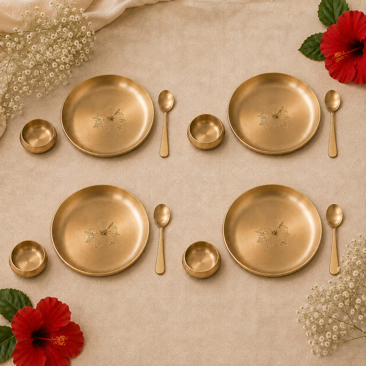 Ambi Home 100% Pure Brass Platter & Bowl Gift Set | Handcrafted Premium Dining Gift Box