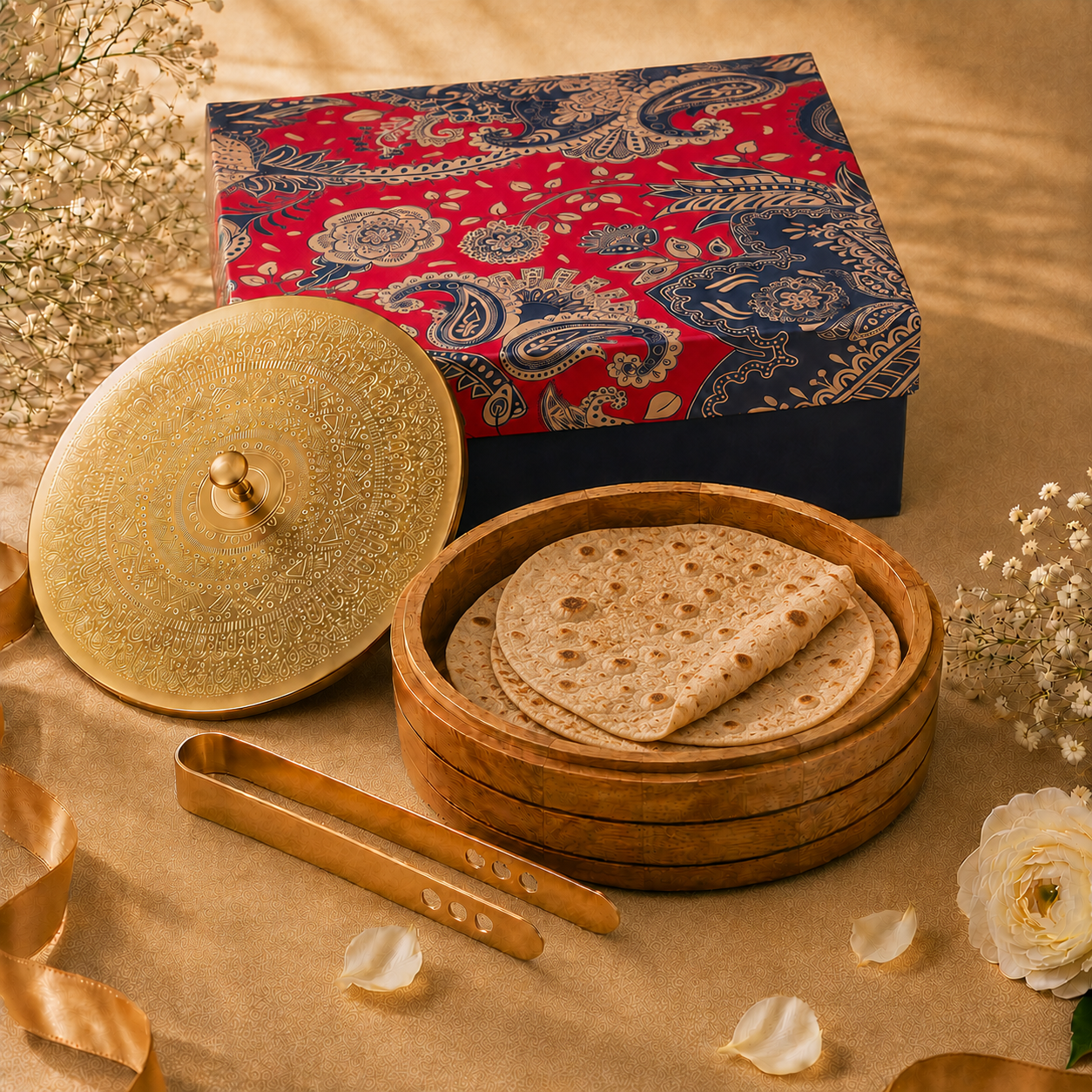 Ambi Pure Brass Mandala Roti Box with Wooden Base and Tongs Gift Box - 9 Inches
