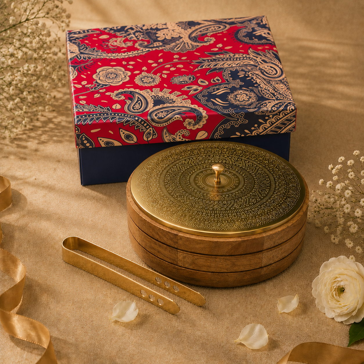 Ambi Pure Brass Mandala Roti Box with Wooden Base and Tongs Gift Box - 9 Inches
