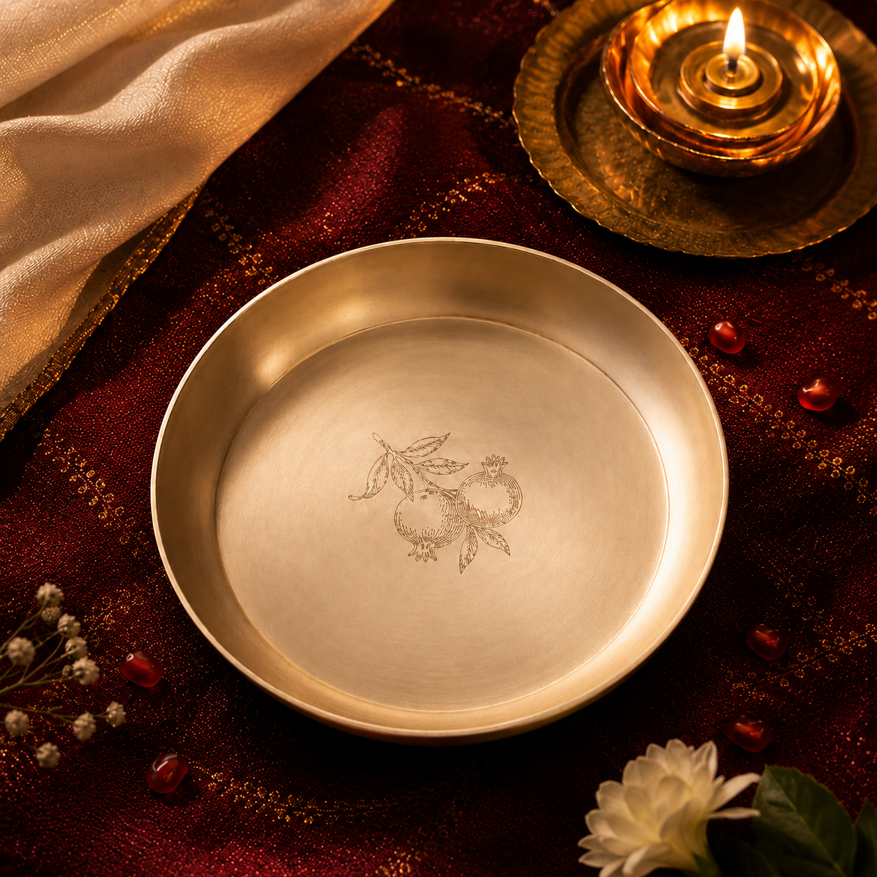 AMBI 100% Pure Lead Free Kansa Plate With Pomegranate Hand Etched Design— 6 Inch High Edge | Dessert & Puja Plate
