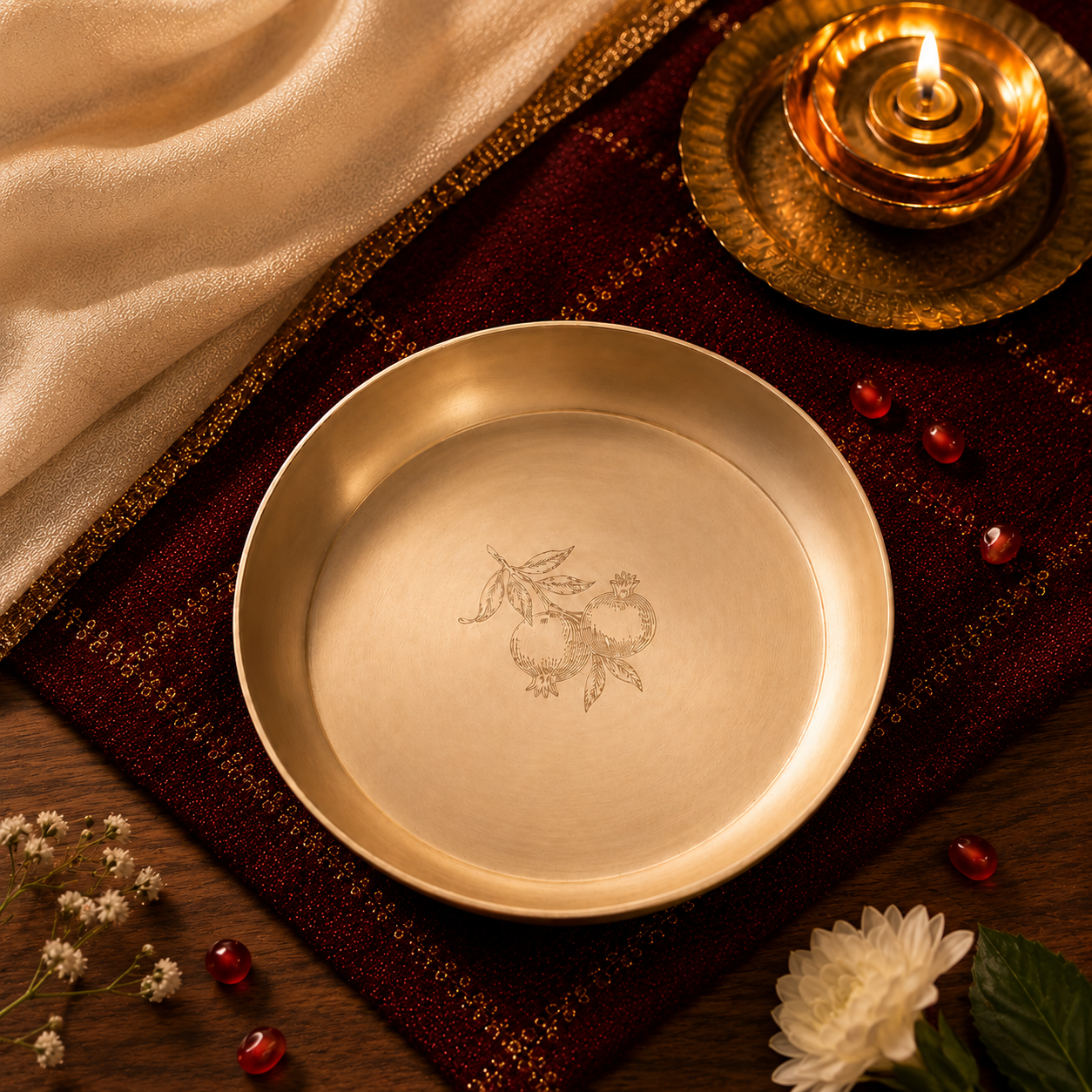 AMBI 100% Pure Lead Free Kansa Plate With Pomegranate Hand Etched Design— 6 Inch High Edge | Dessert & Puja Plate