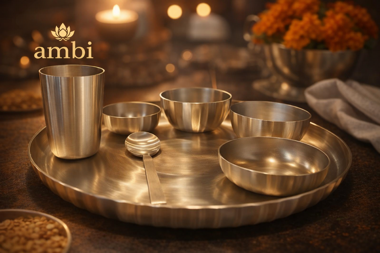 Ambi Exclusive – India's Only Ribbed Edges Kansa Designer Thali Set | 100% Lead-Free | 7 Pieces