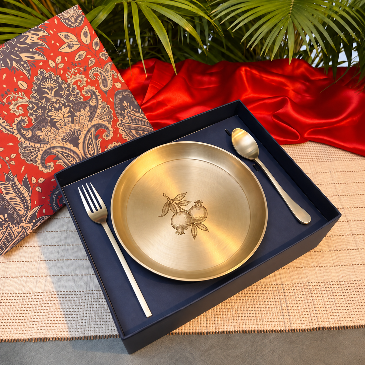 Ambi Kansa Plate with Pomegranate Etched & Cutlery– Premium Gift Box Set