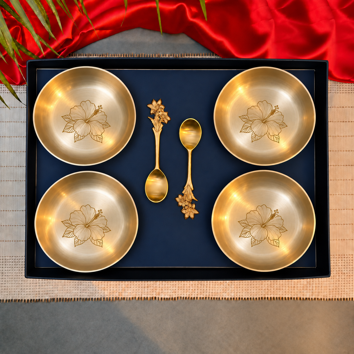 Ambi Kansa Dessert Plate  with Hibiscus  Design and Spoon Gift Box - Set of 4
