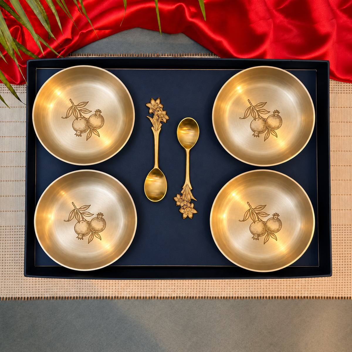 Ambi Pomegranate-Etched Pure Kansa Plate and Brass Spoon Gift Box | Set of 4