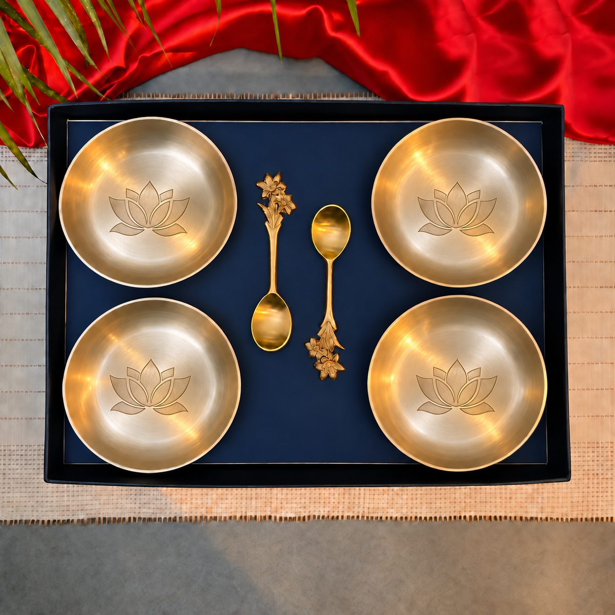 Ambi Kansa Dessert Plate with Lotus Design and Spoon Gift Box - Set of 4