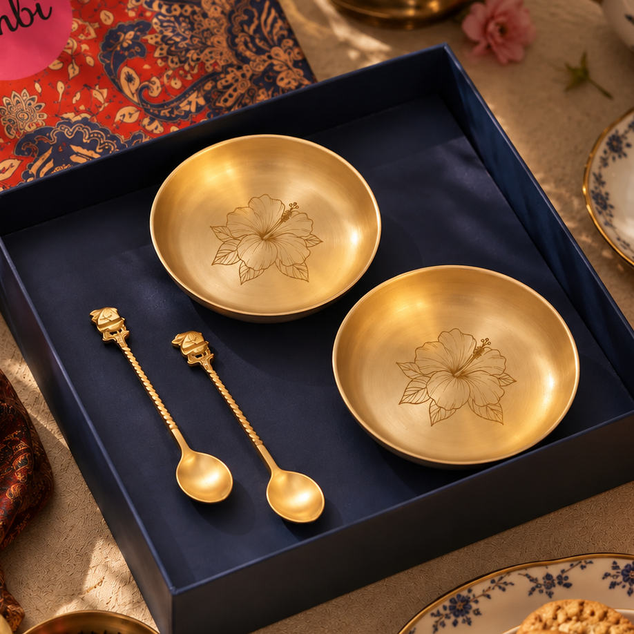 Ambi Hibiscus-Etched Pure Kansa Plate and Brass Spoon Gift Box | Set of 2