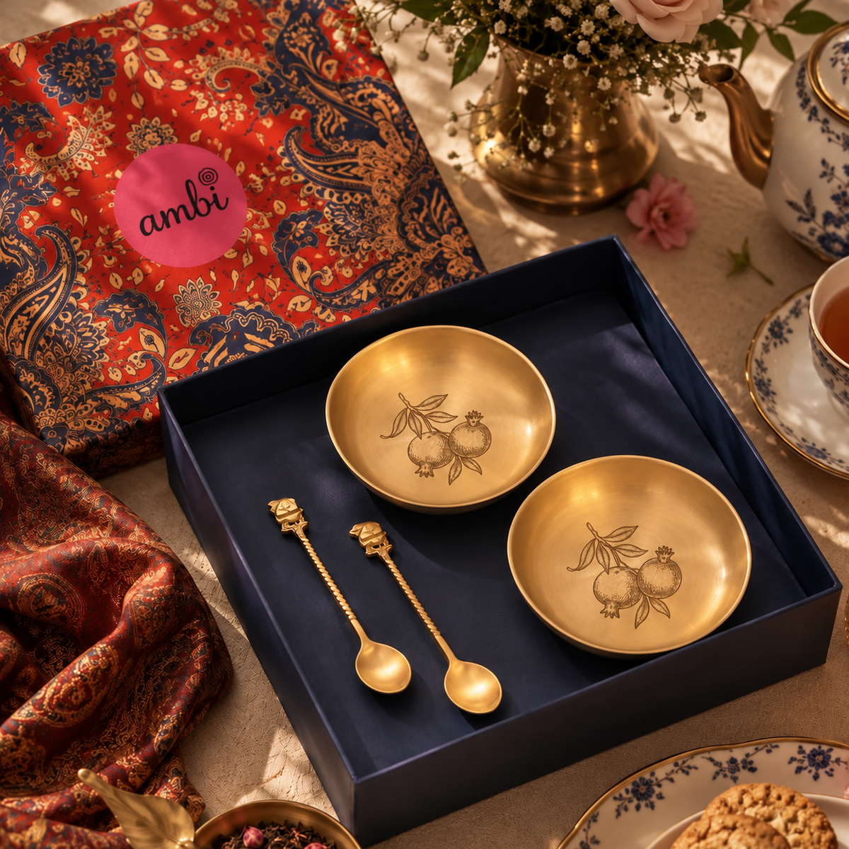 Ambi Pomegranate-Etched Pure Kansa Plate and Brass Spoon Gift Box | Set of 2