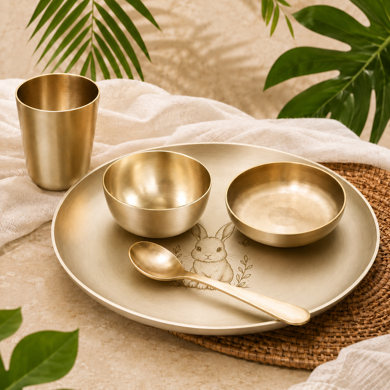 Ambi Pure Kansa Bunny Etched Dining Set with Bowls & Spoon