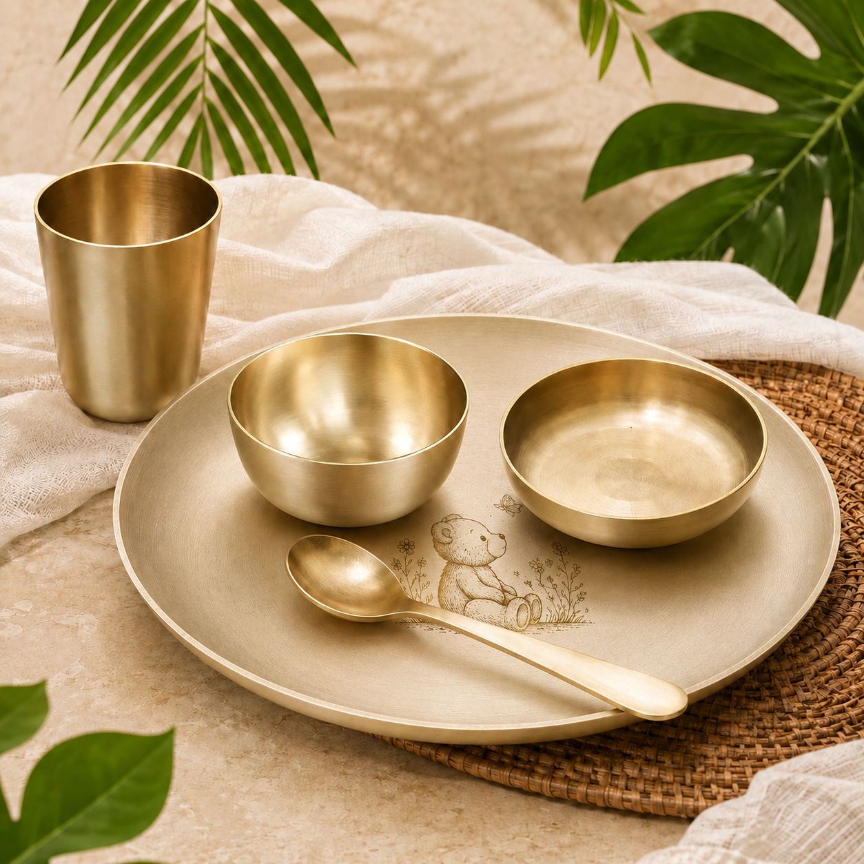 Ambi Pure Kansa Teddy Bear Etched Dining Set with Bowls & Spoon