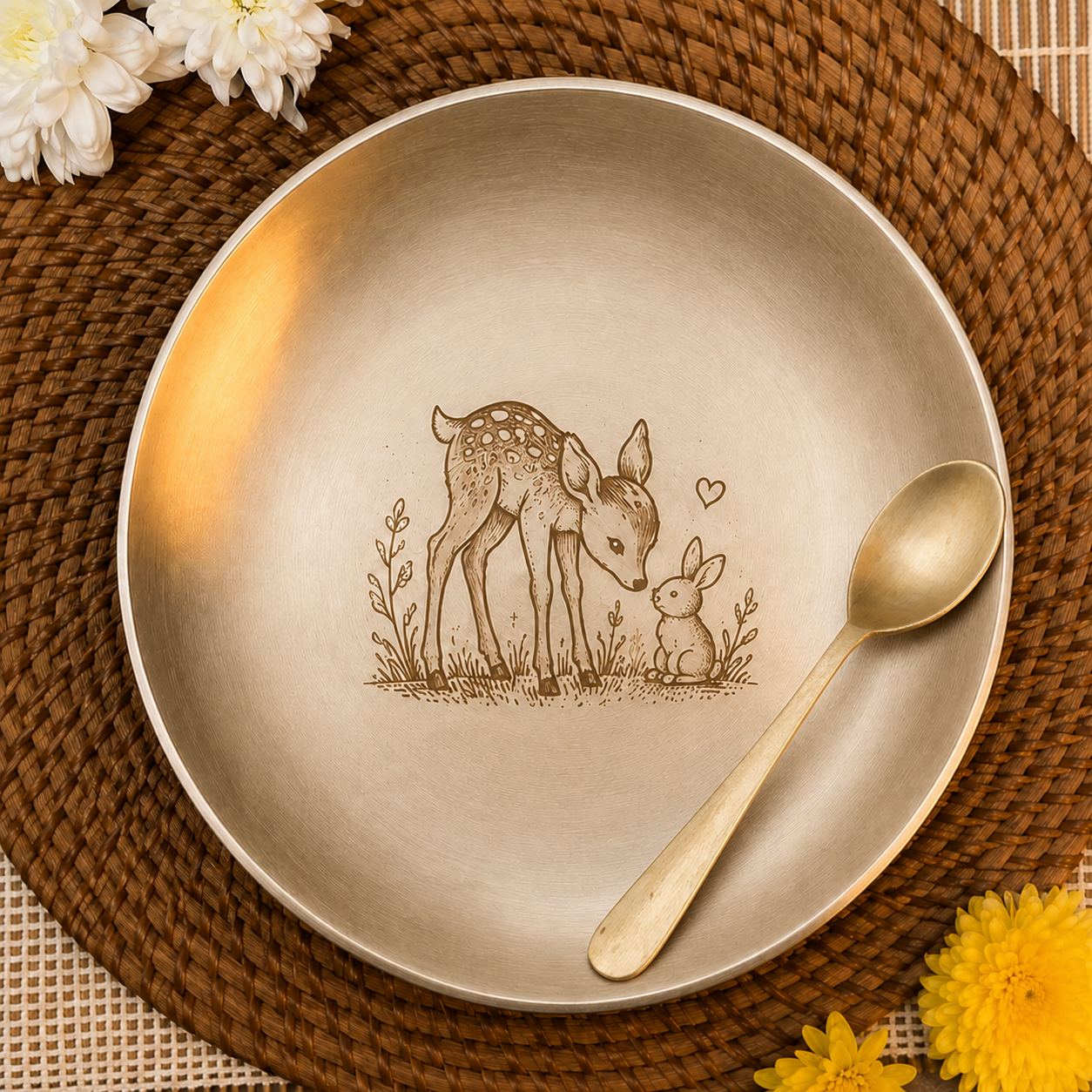 Ambi Pure Kansa Deer & Fawn Etched Plate - 8 inch with Spoon