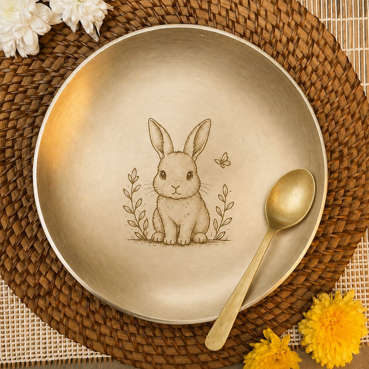 Ambi Pure Kansa Bunny Etched Dining Set with Bowls & Spoon