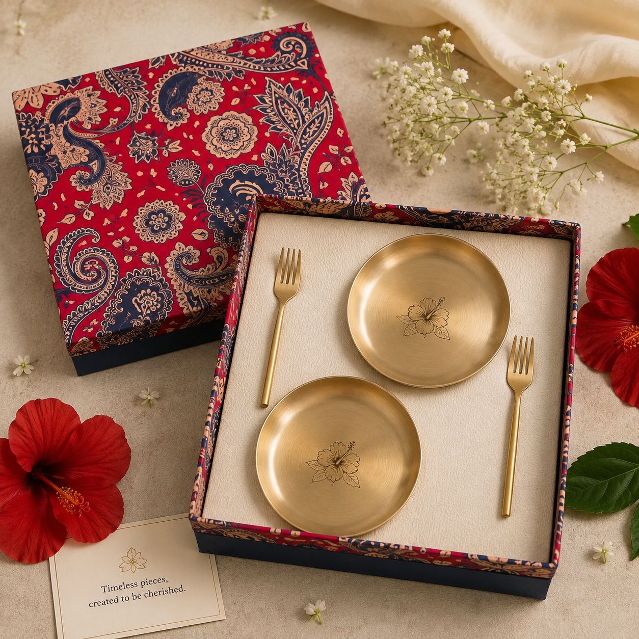 Ambi Home 100% Pure Lead-Free Kansa Hibiscus Etched Plate Gift Set of 2 | Handcrafted Kansa Serving Plates