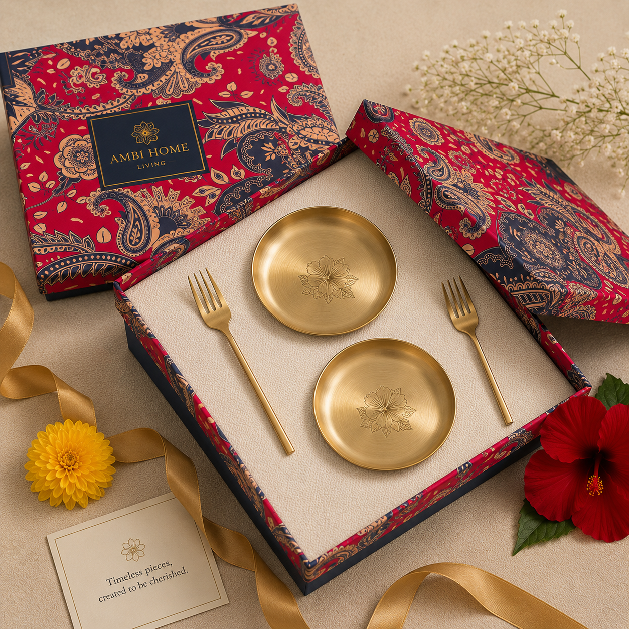 Ambi Home 100% Pure Lead-Free Kansa Hibiscus Etched Plate Gift Set of 2 | Handcrafted Kansa Serving Plates