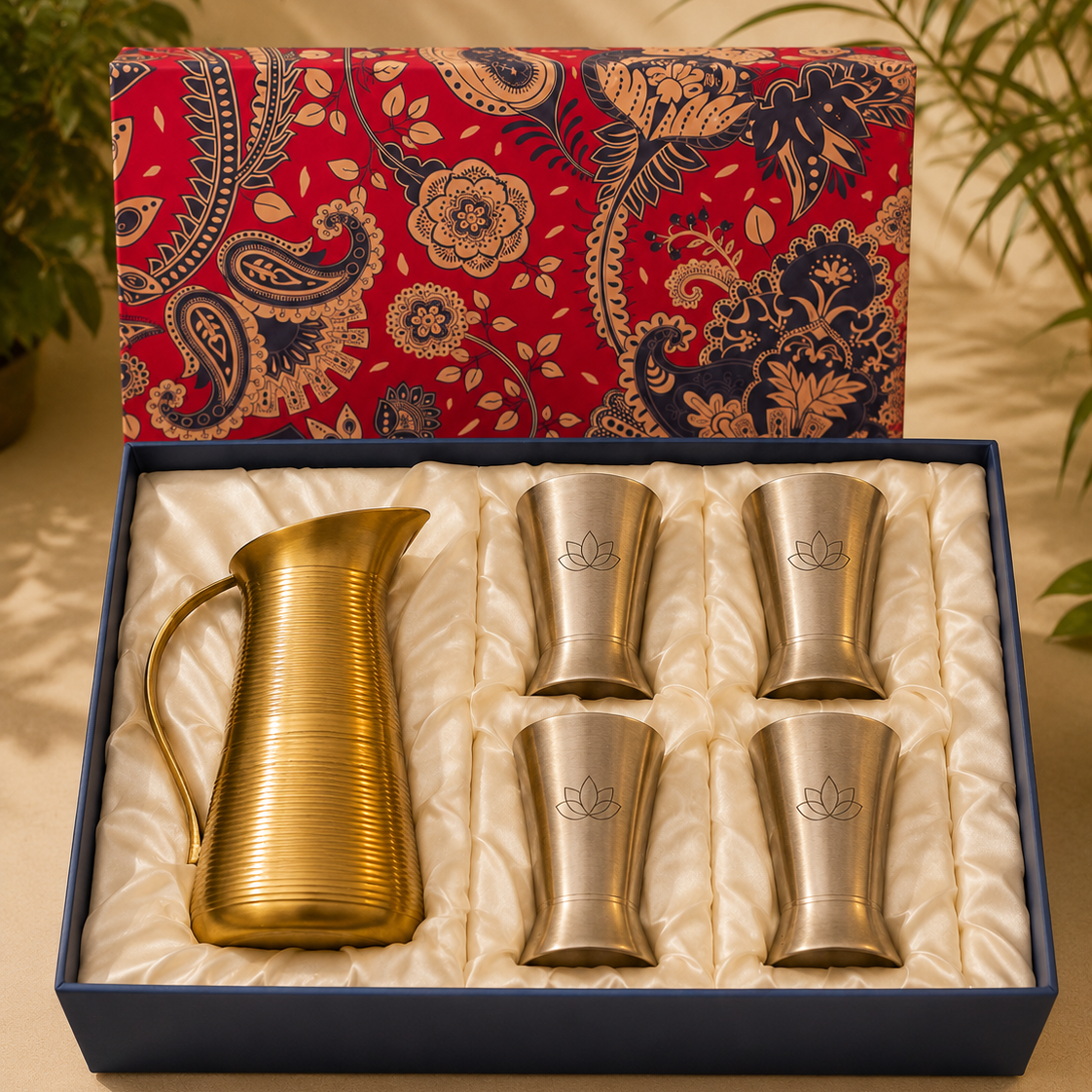 Ambi Gift Set – 4 100% Pure Kansa Etched Glasses With Jug – Zen Lotus