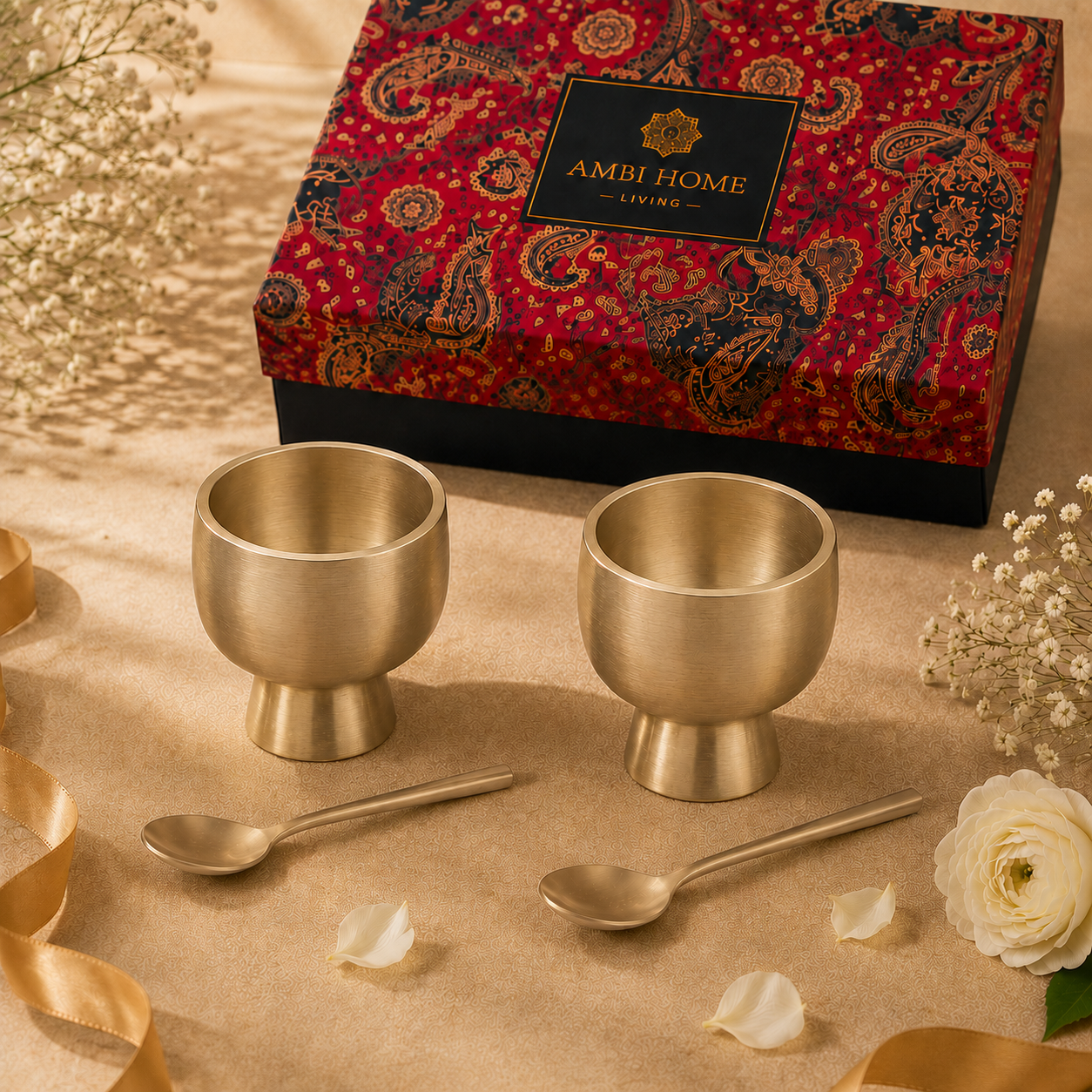 AMBI 100% Pure Brass Dessert/Icecream Bowl & Matching Brass Spoon - Set of 2 Giftbox