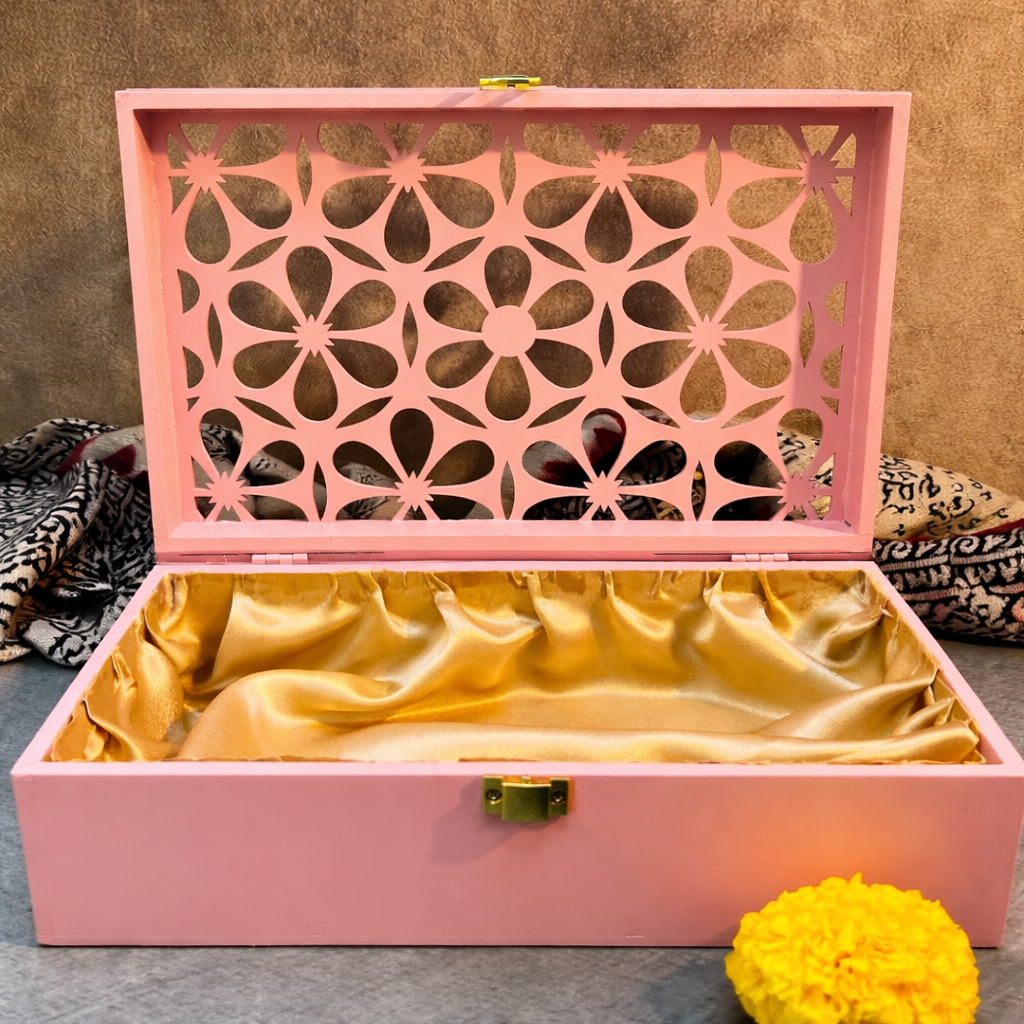 AMBI Premium Floral Jaali Wooden Gift Box Curated for Meaningful Celebrations – Blush Pink
