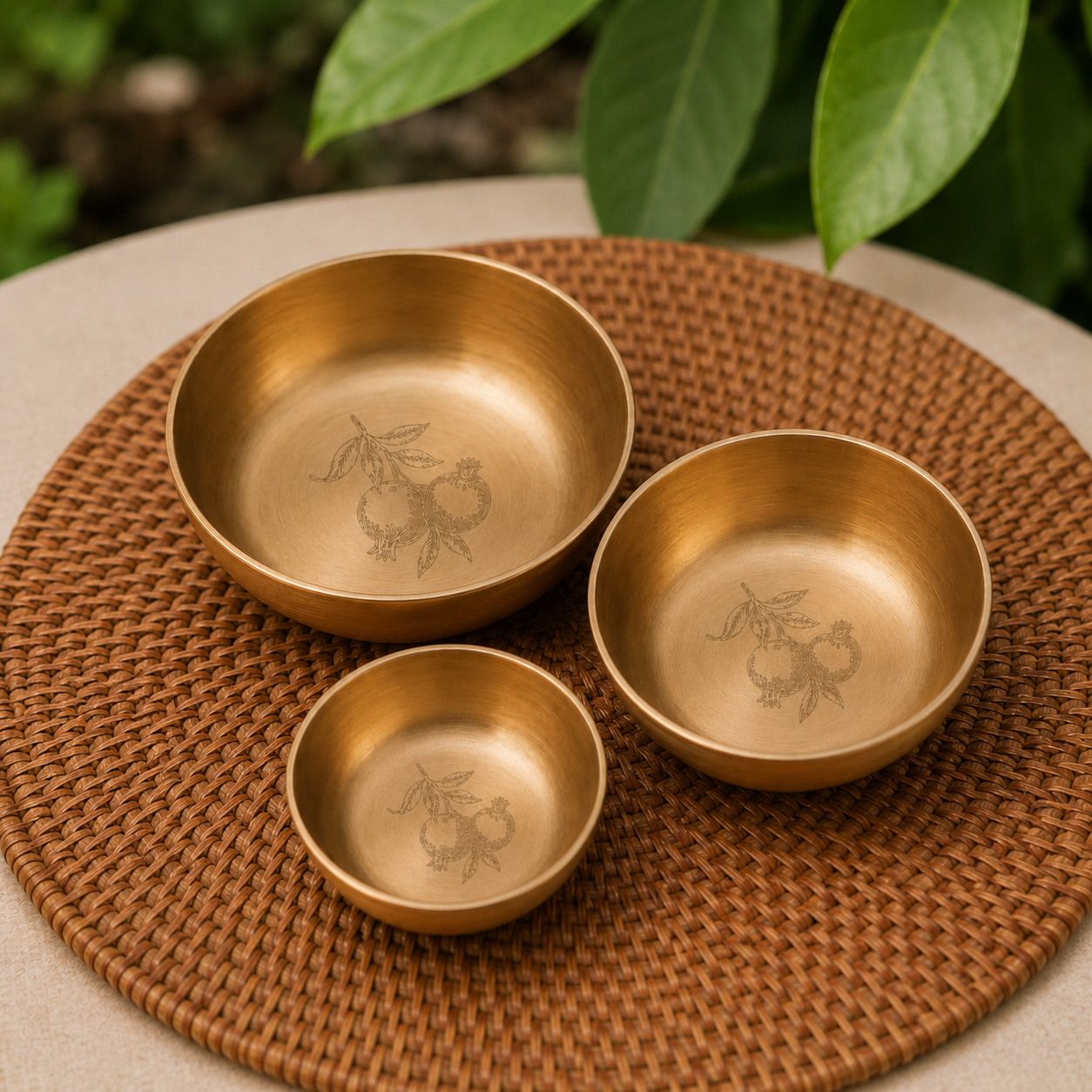 Three small brass bowls of different sizes arranged on a round woven brown placemat, with green leaves blurred in the background.