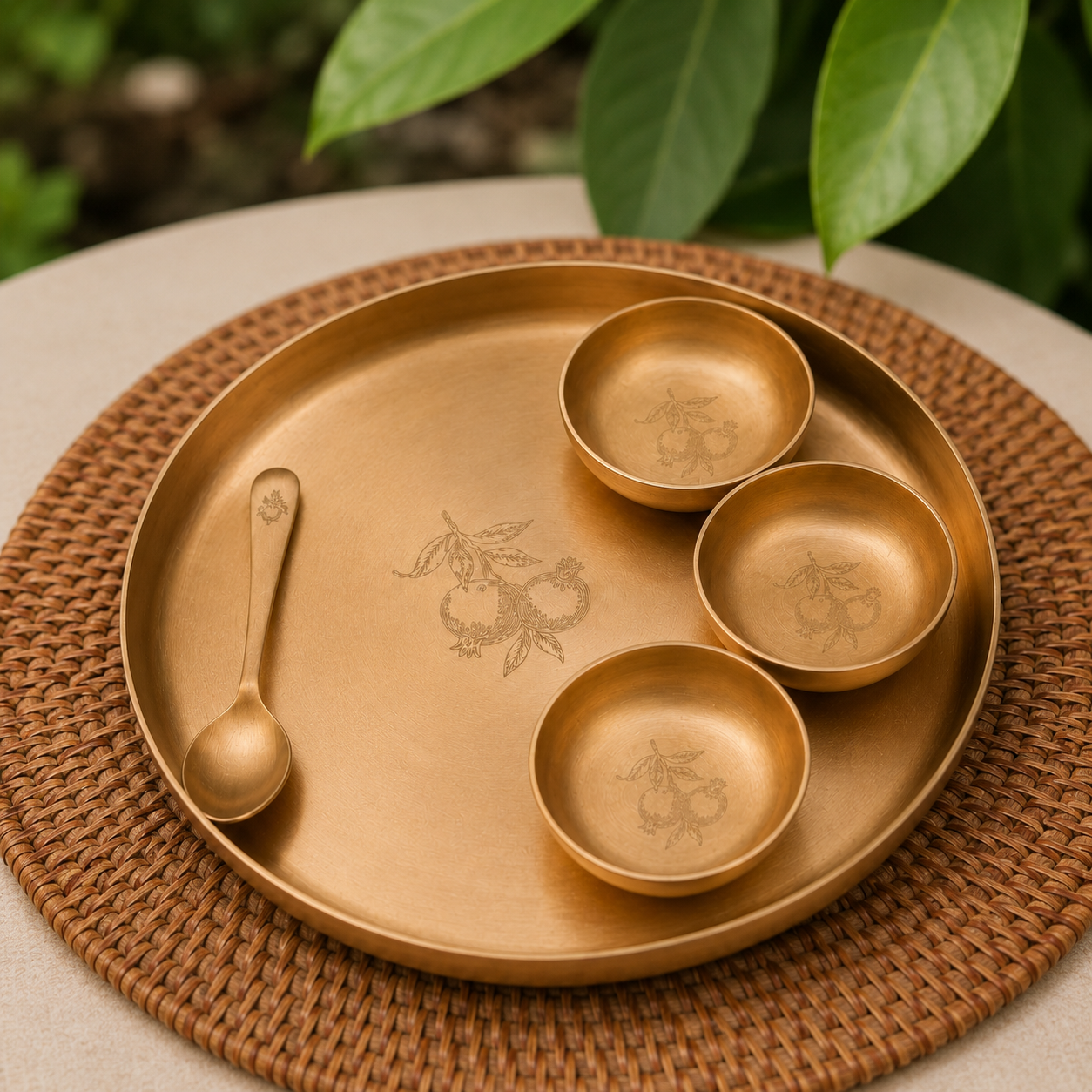 Ambi Pure 100% Lead Free Kansa Thali Set of 6 - with Pomegranate Hand Etched Design