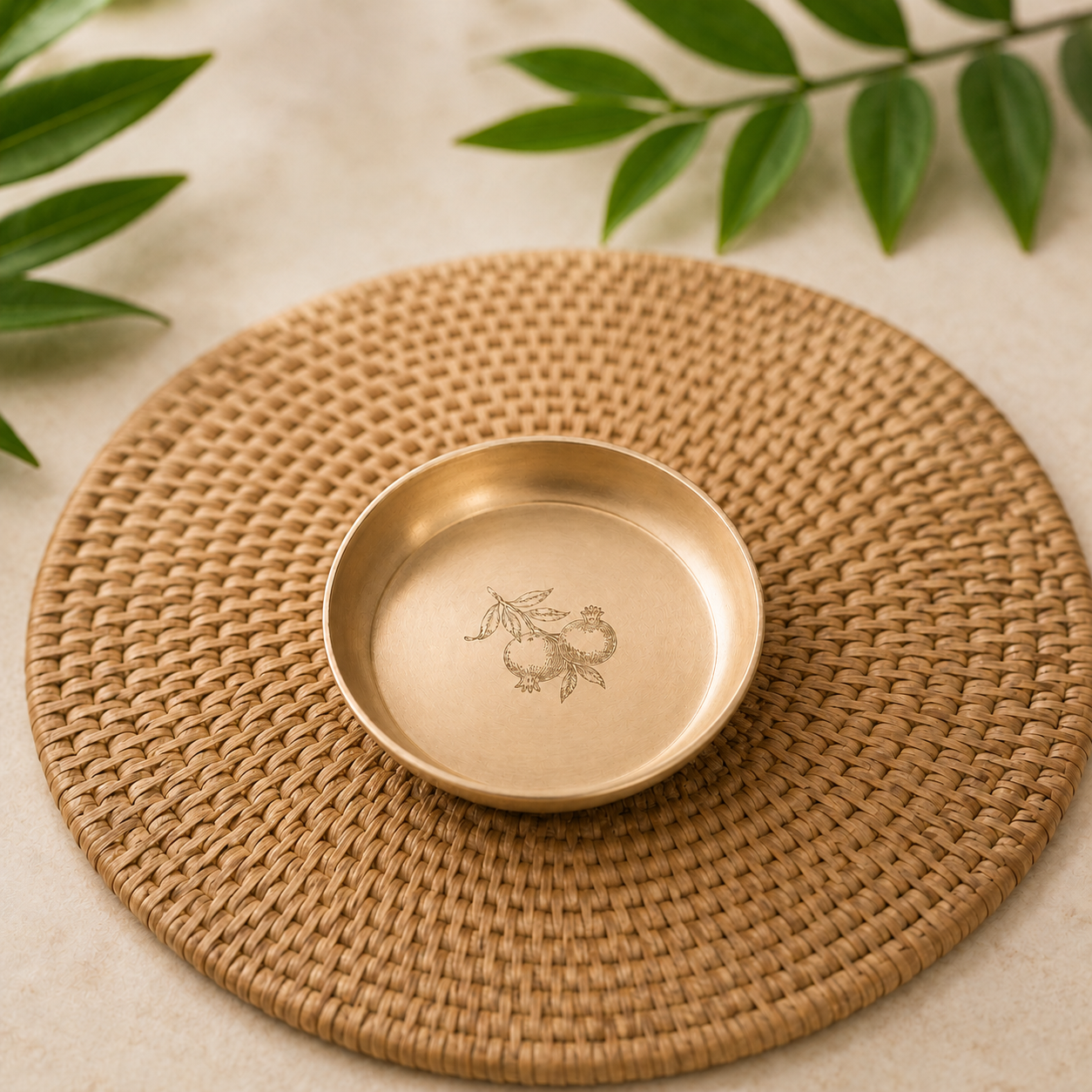 AMBI 100% Pure Lead Free Kansa Small Plate With Pomegranate Hand Etched Design -Handcrafted, Durable, Elegant | Dahiwada Plate | Dessert Plate | Puja Plate - 4 Inch