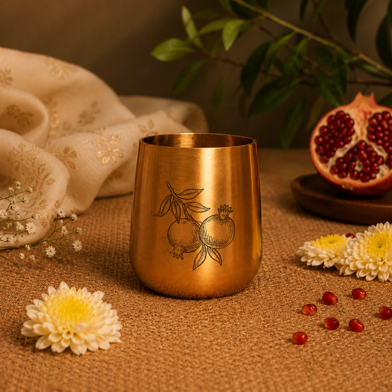 Ambi Pure Brass Urban Style Glass With Pomegranate Hand Etched Design – Handcrafted Drinkware for Elegant Dining