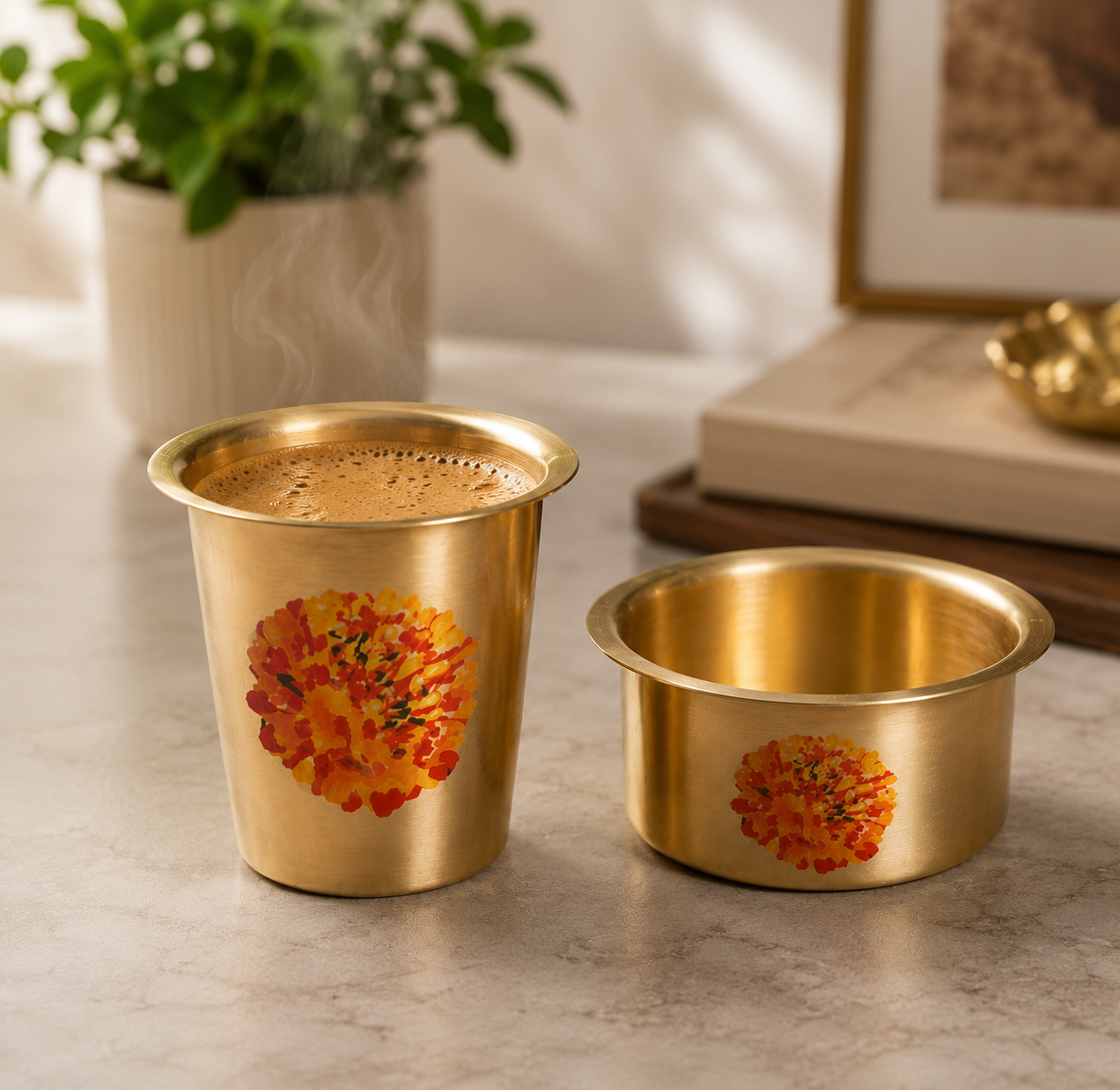 Ambi Pure Brass Marigold Hand-Painted South Indian Coffee Dabara Set