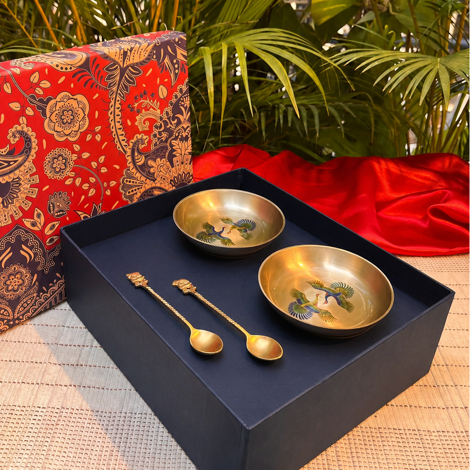 Kansa Dessert Plate & Elephant Spoon Set of 2 | Pattachitra Art | Premium Gift Box
