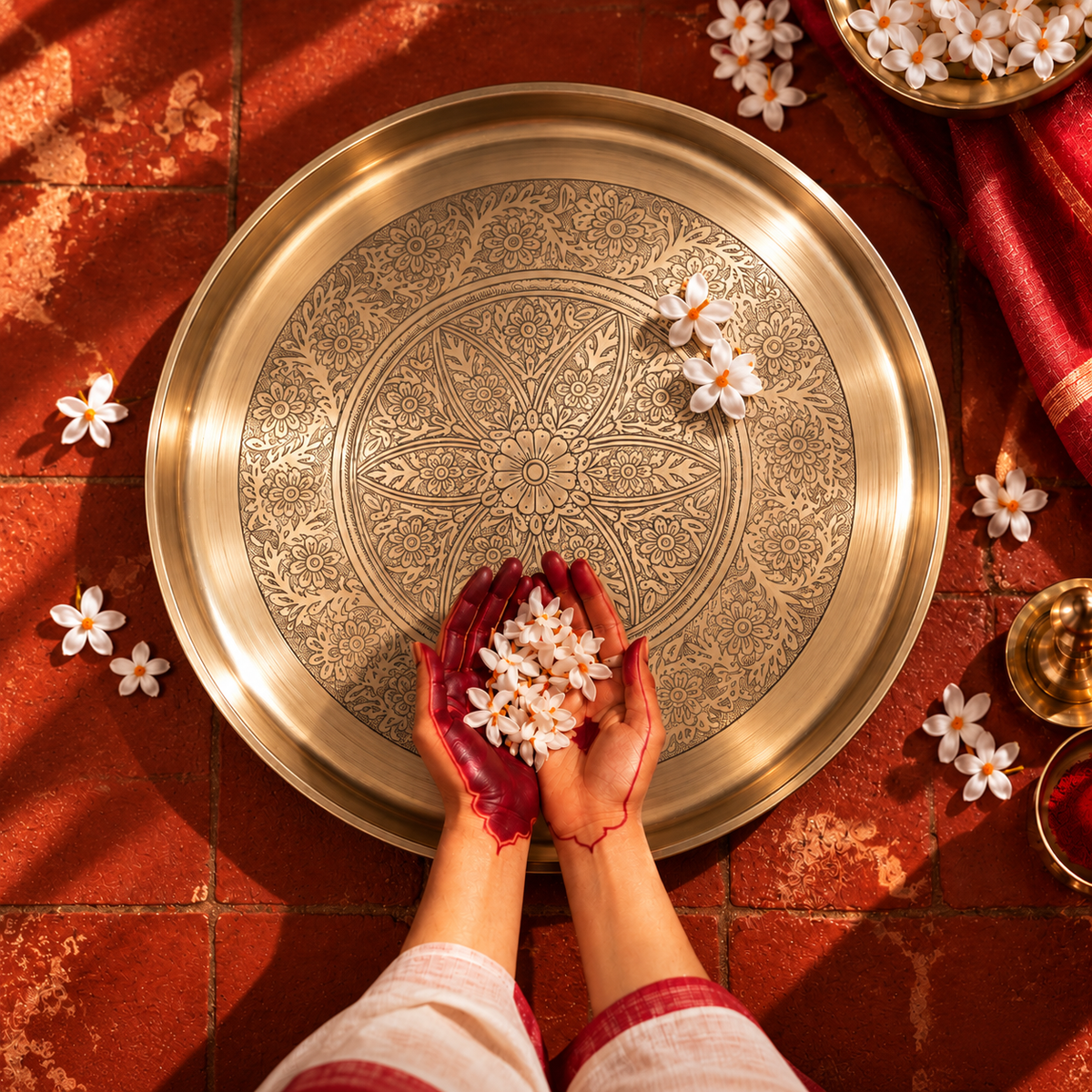 Ambi Devi Range 100% Pure Kansa  Mandala Etched Puja Thali / Round Platter - 11 Inch