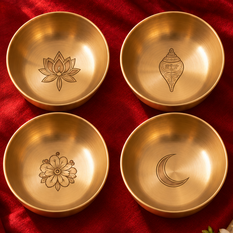Ambi Devi Range 100% Pure Kansa Katori Set with Sacred Etching 4 inch each set of 4  | Lotus, Shankha, Shiuli and Chand | Set of 4