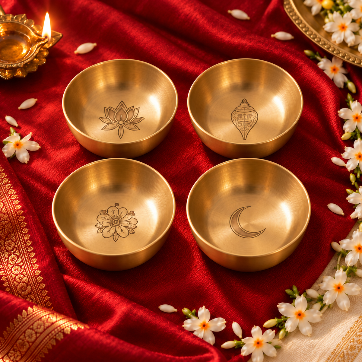 Ambi Devi Range 100% Pure Kansa Katori Set with Sacred Etching 4 inch each set of 4  | Lotus, Shankha, Shiuli and Chand | Set of 4