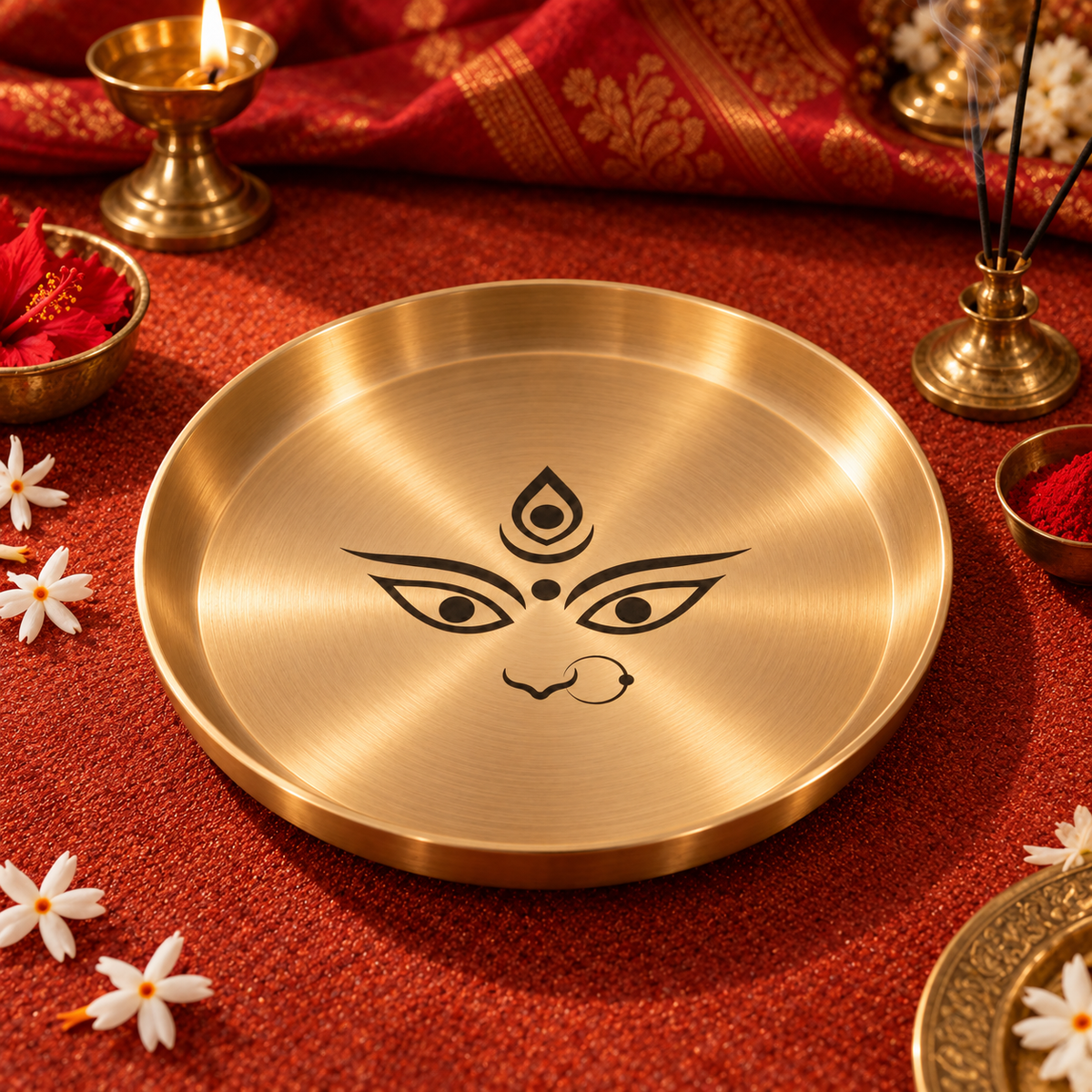 Ambi Devi Range 100% Pure Kansa Thali with Devi Eyes Etching | 8 Inch Pooja Thali