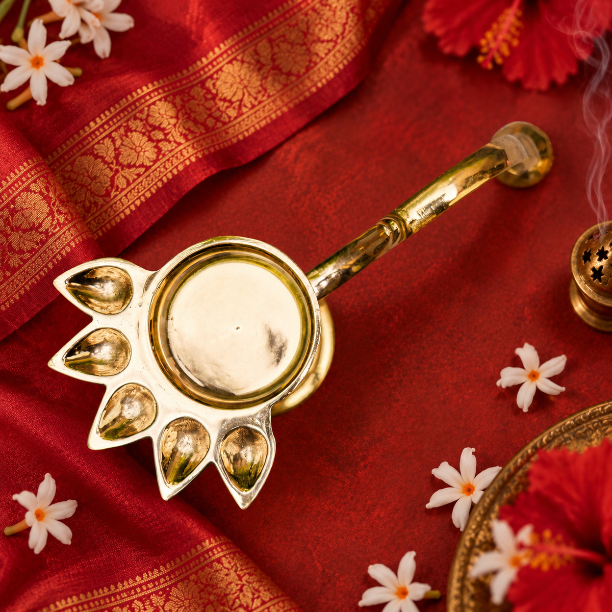 Ambi Devi Range Pure Brass Panch Aarti Dhoop Diya with Handle | 6 Inch