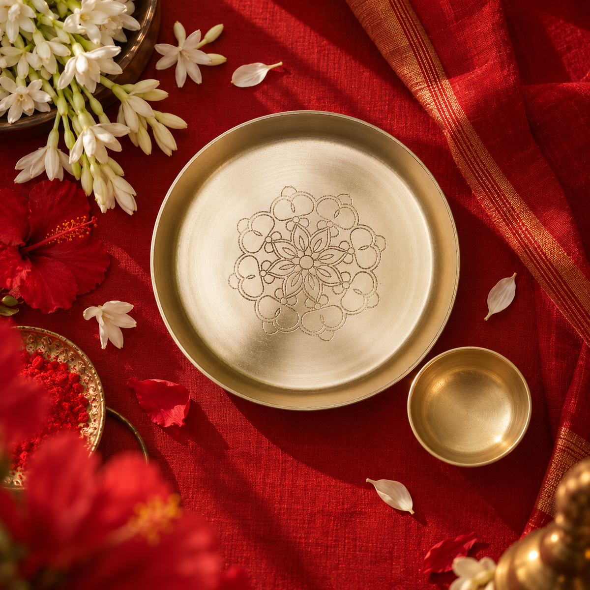 Ambi Devi Edit - 100% Pure Kansa Mandala Etched Puja Plate 6 inch I Bhog Thali