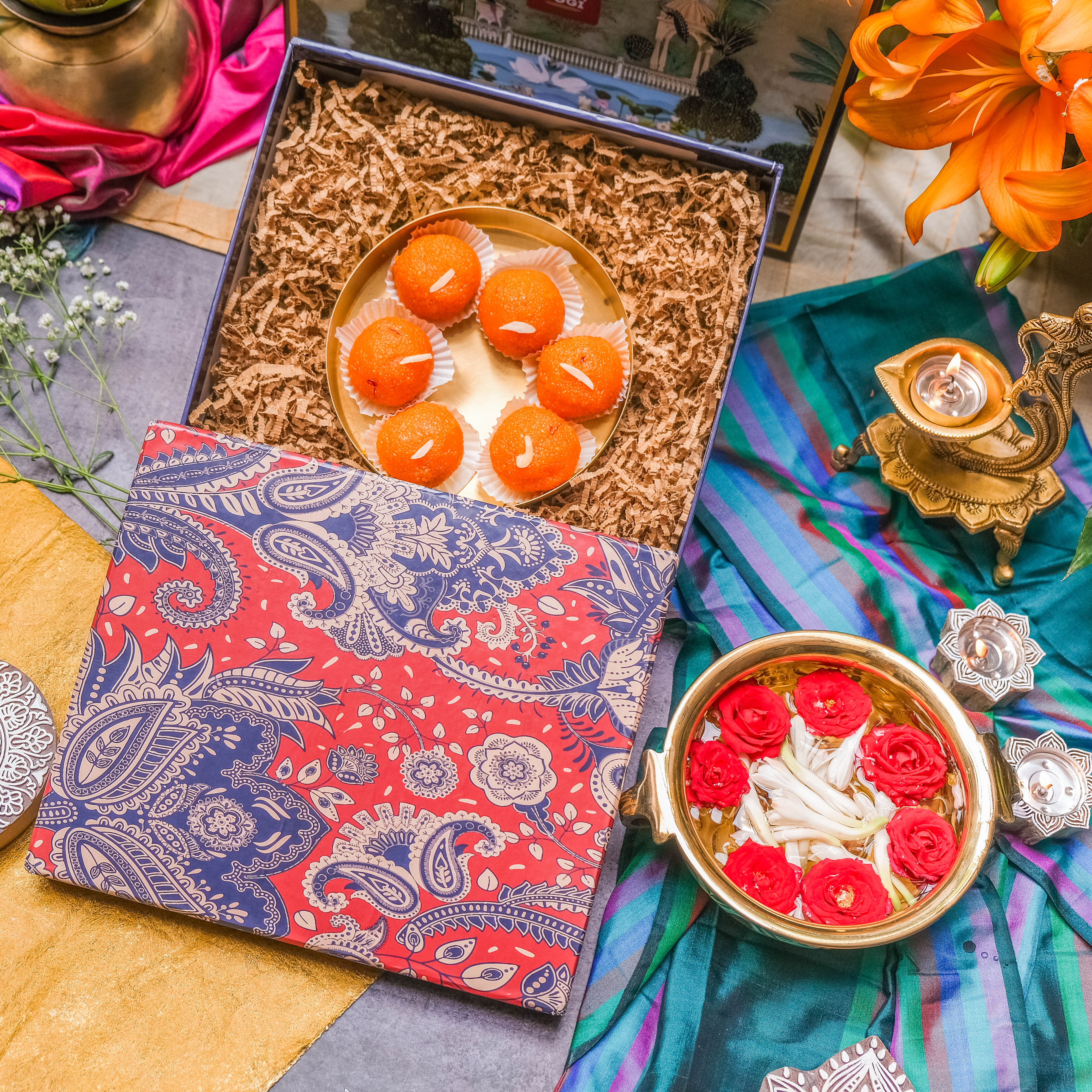 Ambi Gift of Sweetness : 1 Pure Brass Floral Hand-Painted Ladoo Box with Sweets 400g