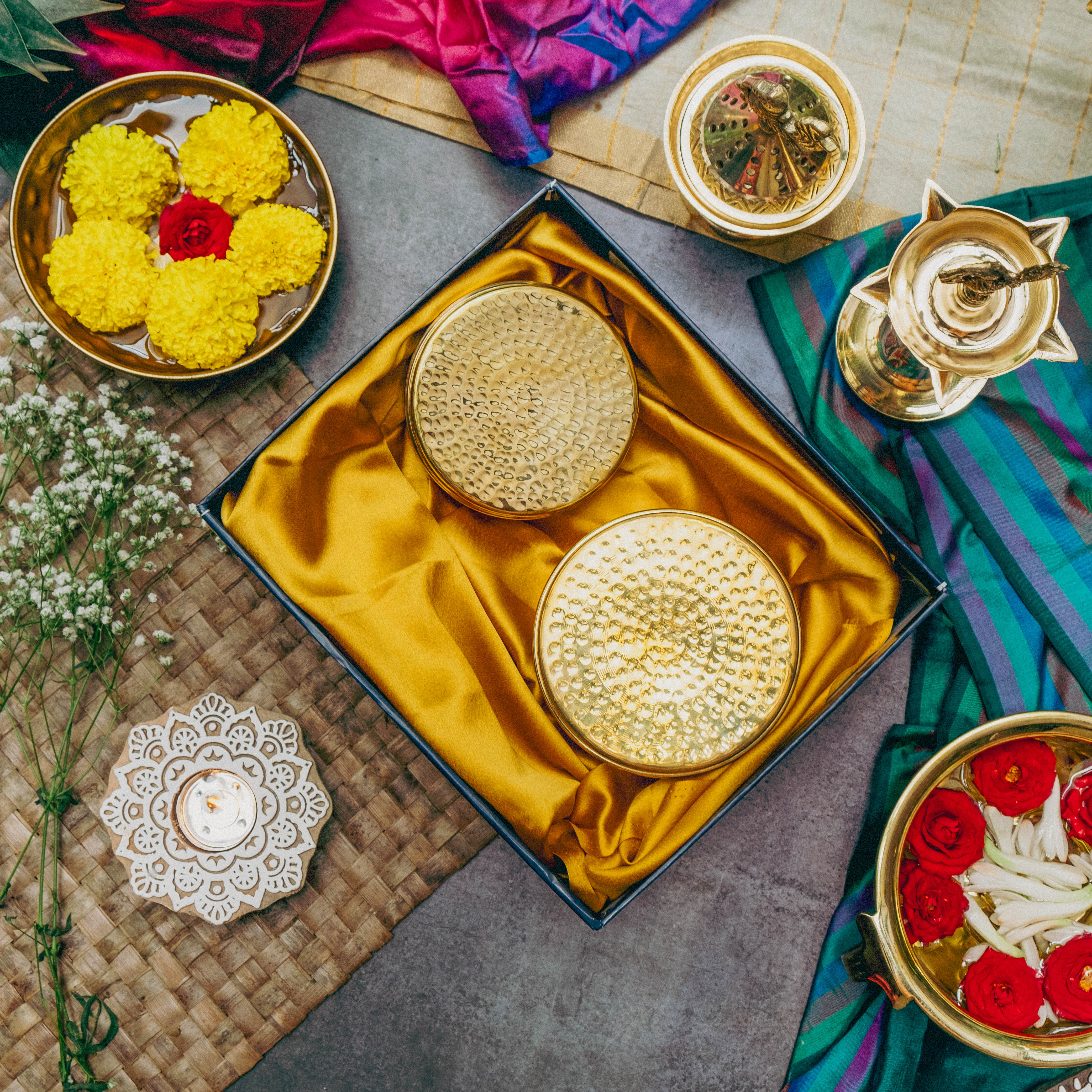 Ambi Gift of Royalty : 2 Pure Brass Hammered Nut Box in a gift box.