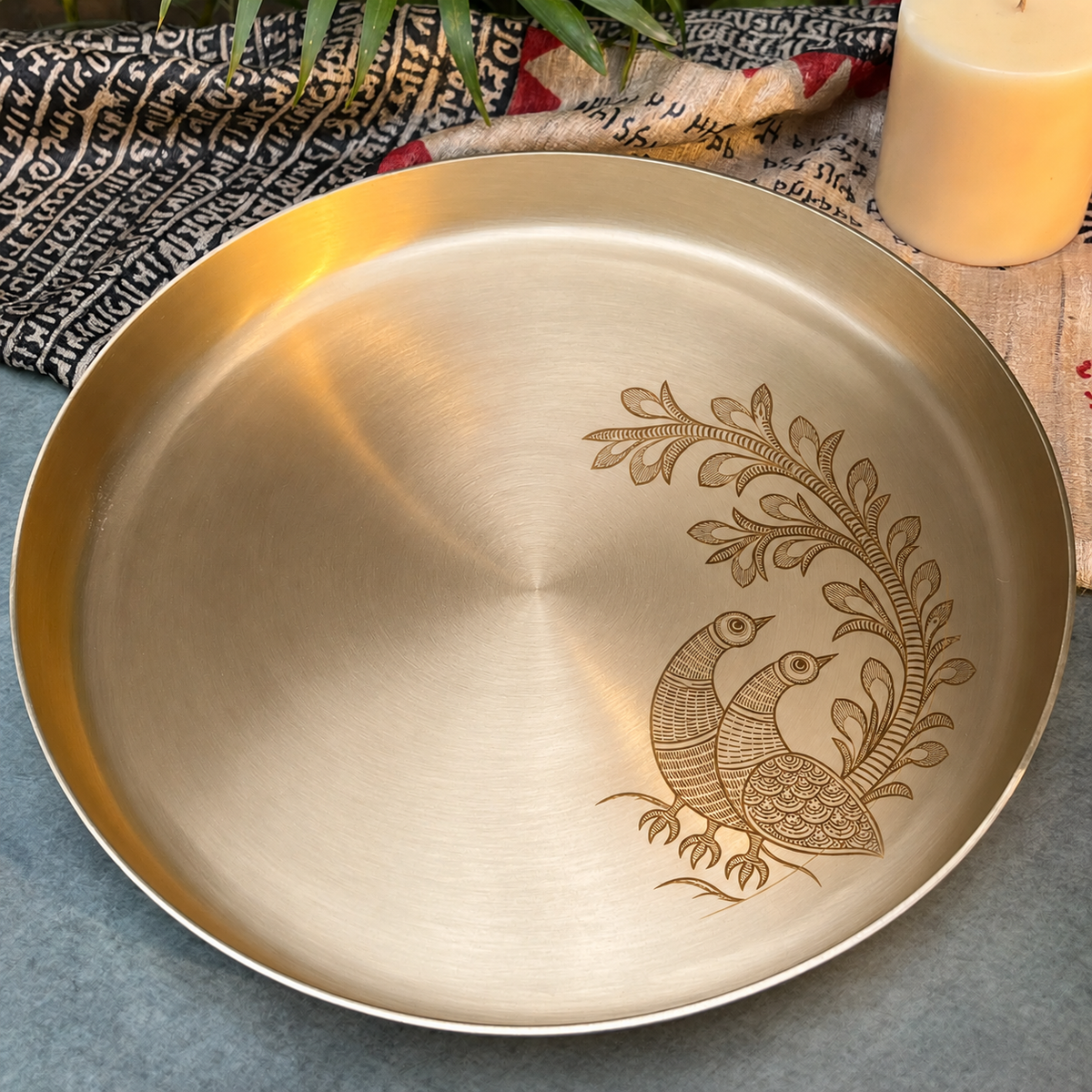 Ambi Pakshi Yugam (Pair of Birds) Etched Pure Kansa Thali | Gond-Inspired Collection-12 inch