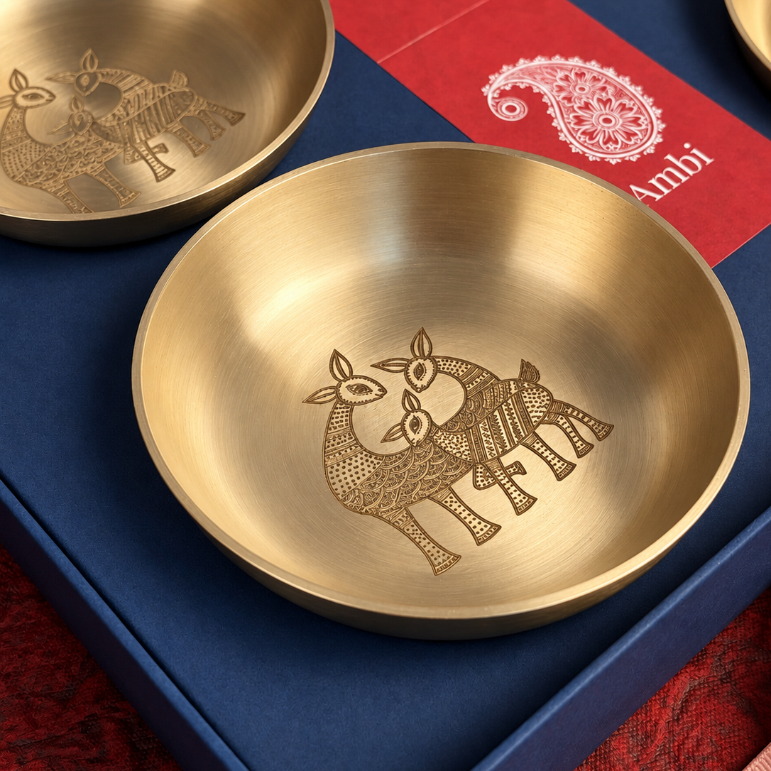 Ambi Mriga Vana Etched Pure Kansa Mini Thali Gift Box | Gond-Inspired Collection | Set of 4