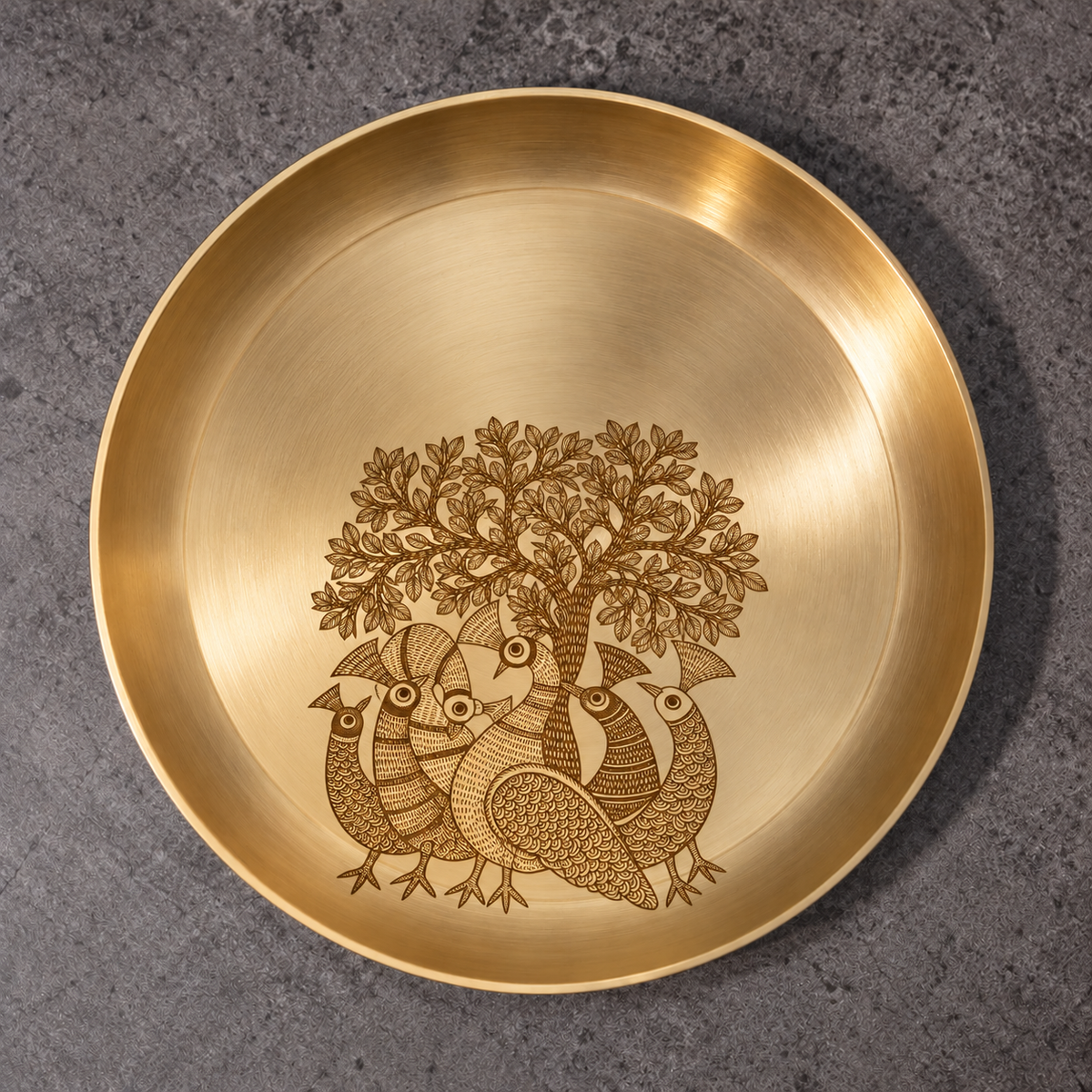 Ambi Pakshi Sangam (Gathering of Birds) Etched Pure Kansa Thali | Gond-Inspired Collection-8 inch