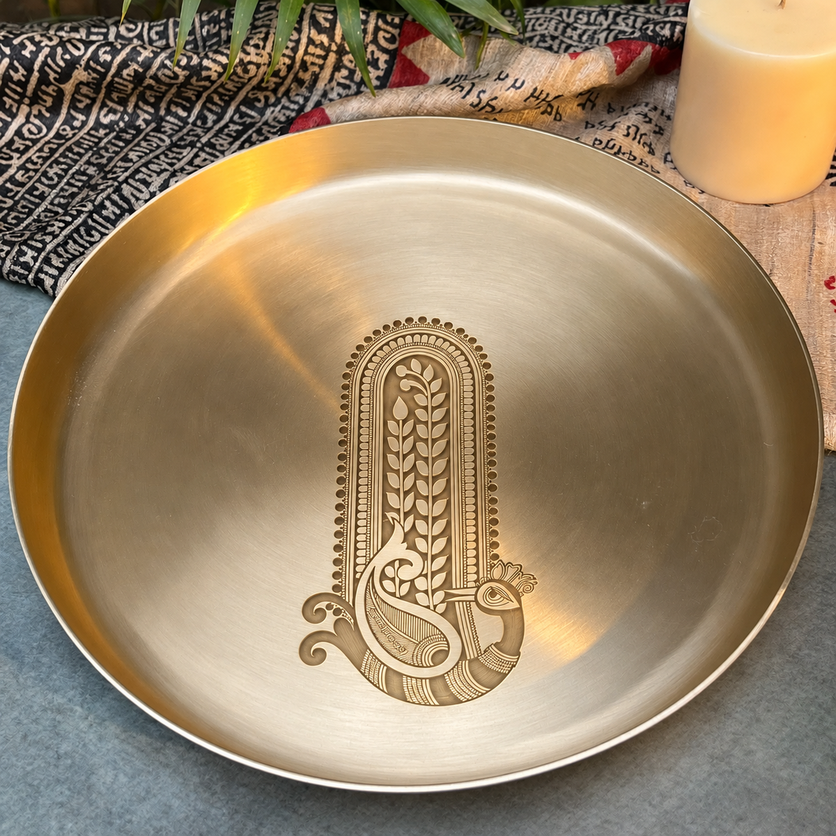 Ambi Mayura Rekha Etched Pure Kansa Thali | Madhubani-Inspired Collection-12 inch