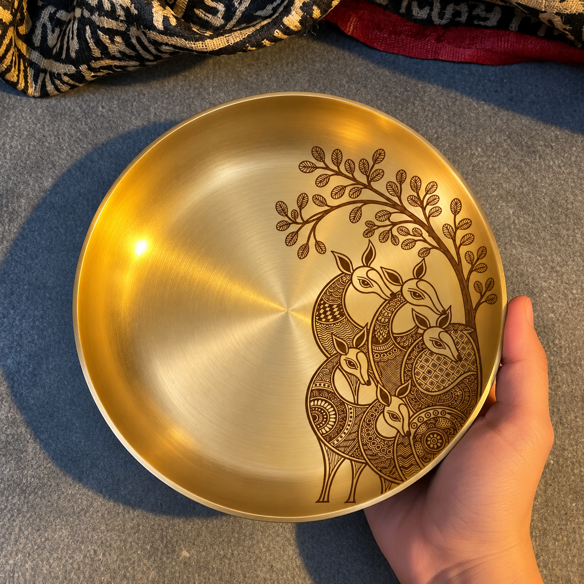 Ambi Mriga Vana Etched Pure Kansa Thali | Gond-Inspired Collection-6 inch